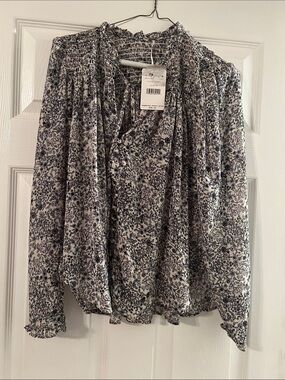 Free People Navy Floral Smocked Blouse on White
